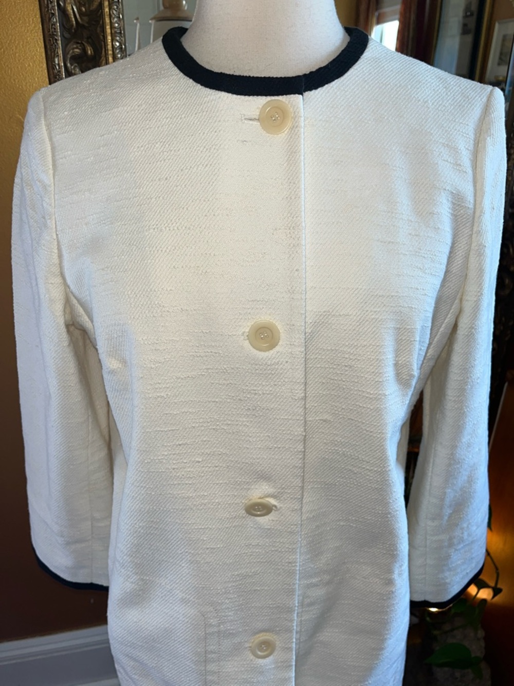 Talbots collarless textured Ivory Coat/Duster w/ Black Trim & pockets Size 14 - Picture 7 of 17